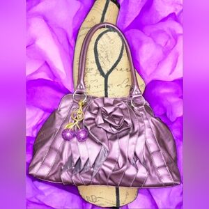 Daisy Fuentes Ruffled Floral Purple Handbag With Cherry Charm & Dust Bag